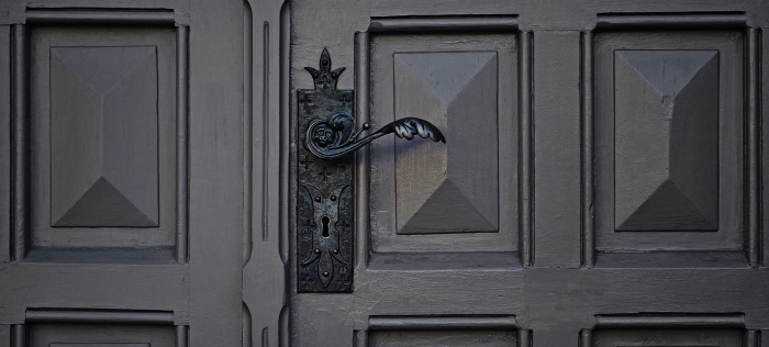 Ornate forged door lever on a paneled entry door