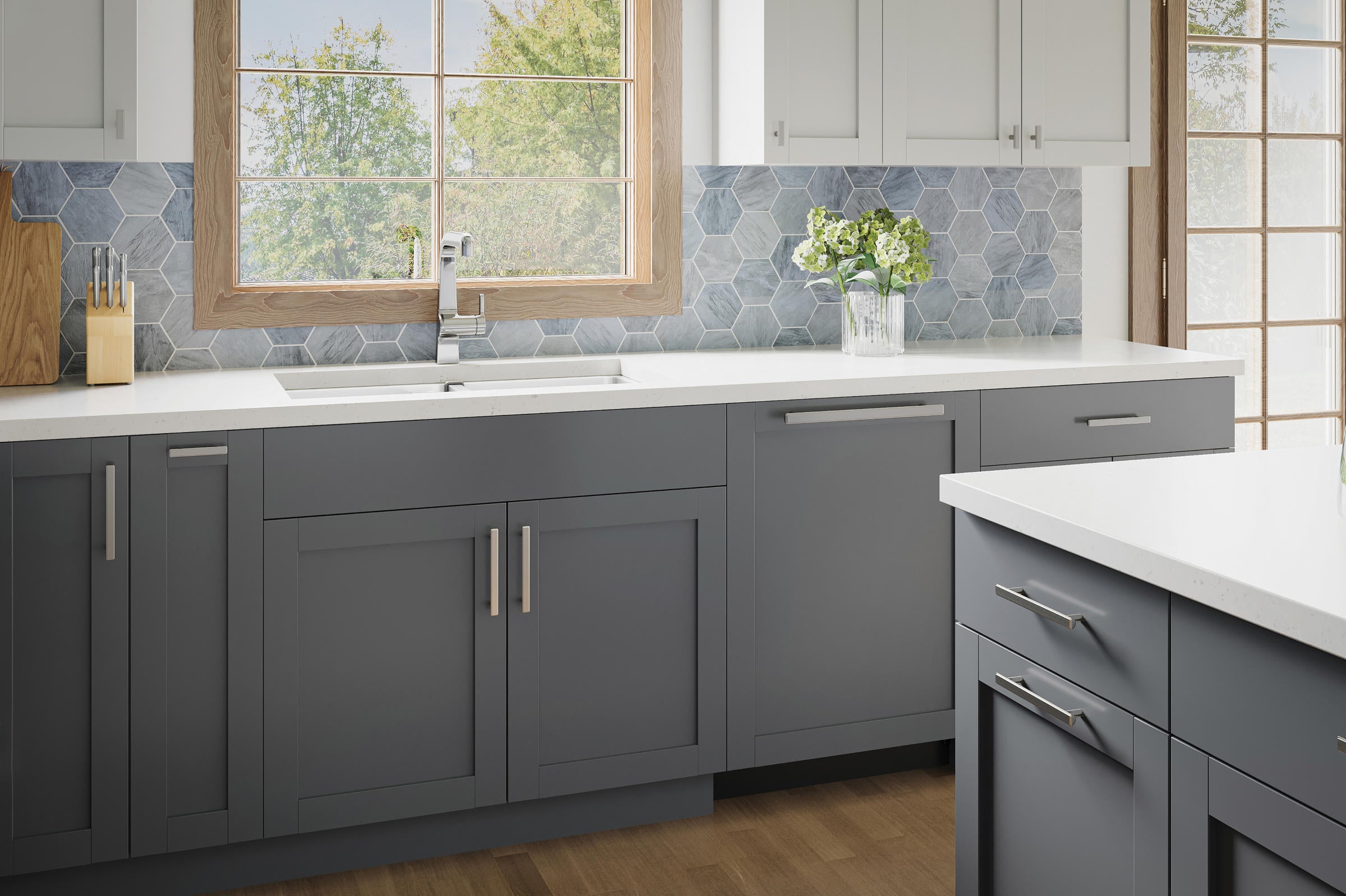 Atlas Homewares brushed nickel pulls on gray cabinetry