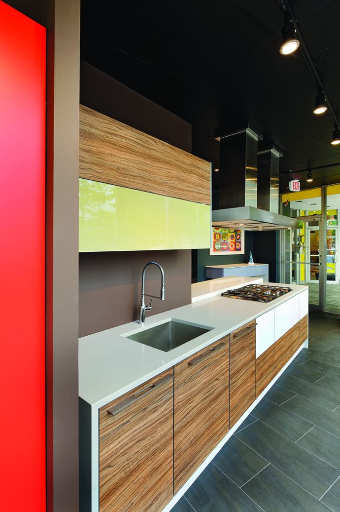 Atlas Homewares Level pulls in a modern kitchen with dramatic lighting