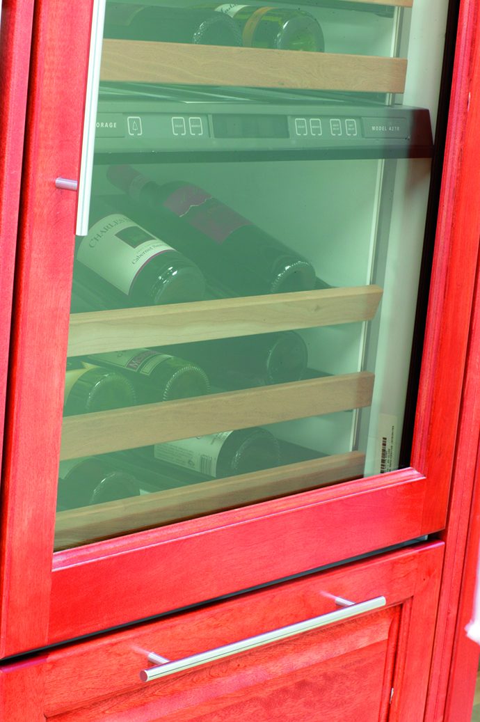 Atlas Homewares Linea chrome pull on a red wine refrigerator
