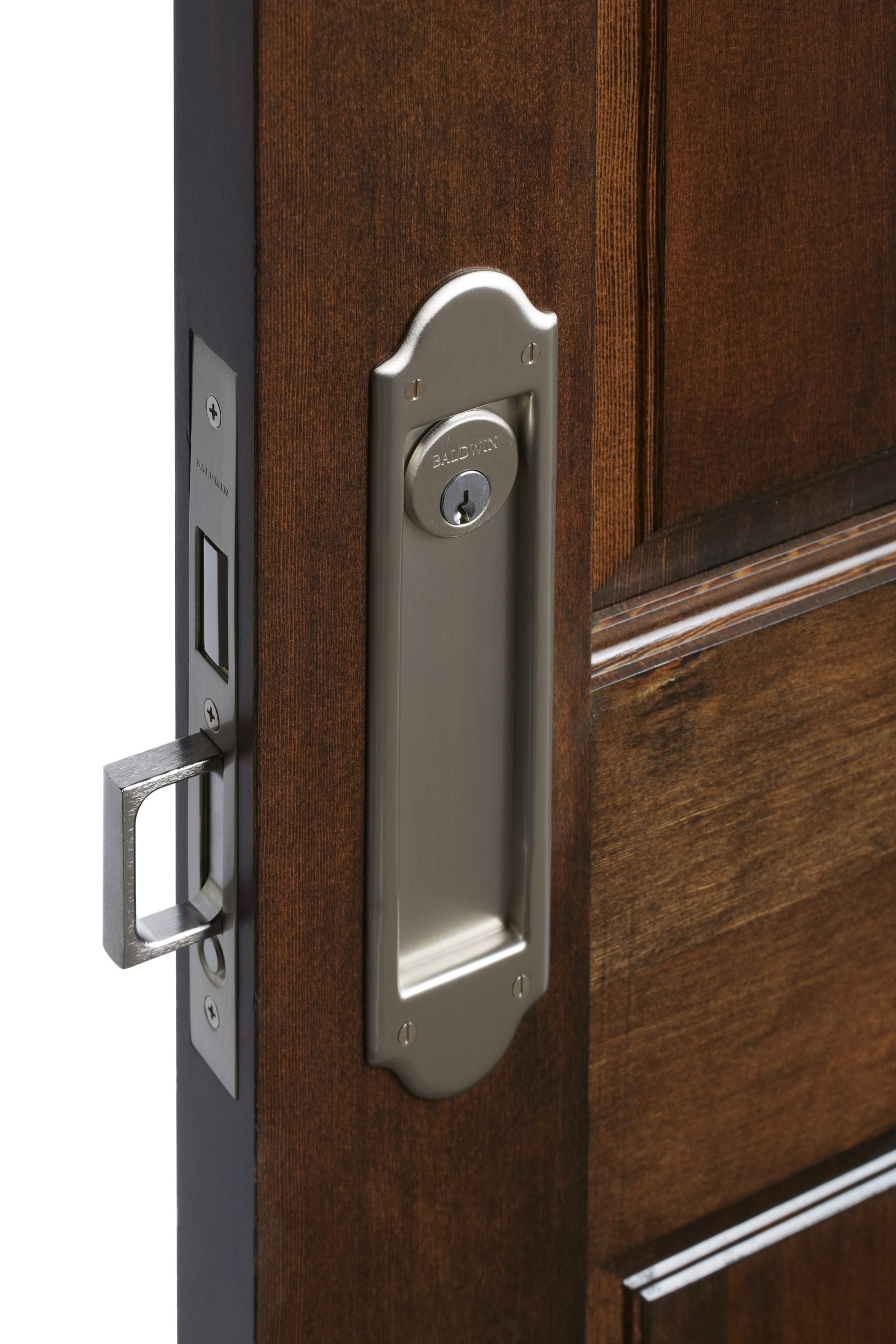 Baldwin chrome edge pull and pocket door hardware detail