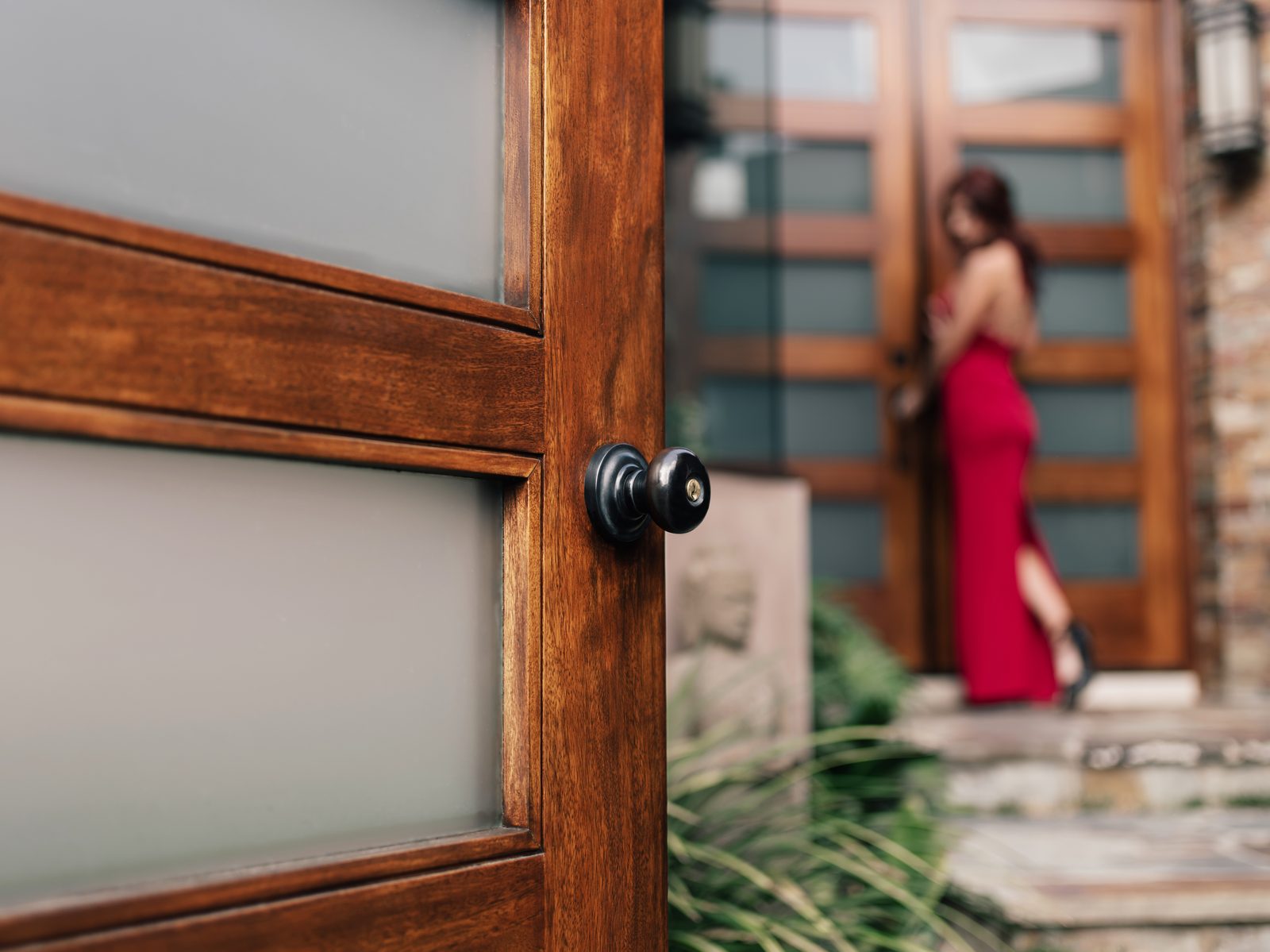 Baldwin entry set on a natural wood front door
