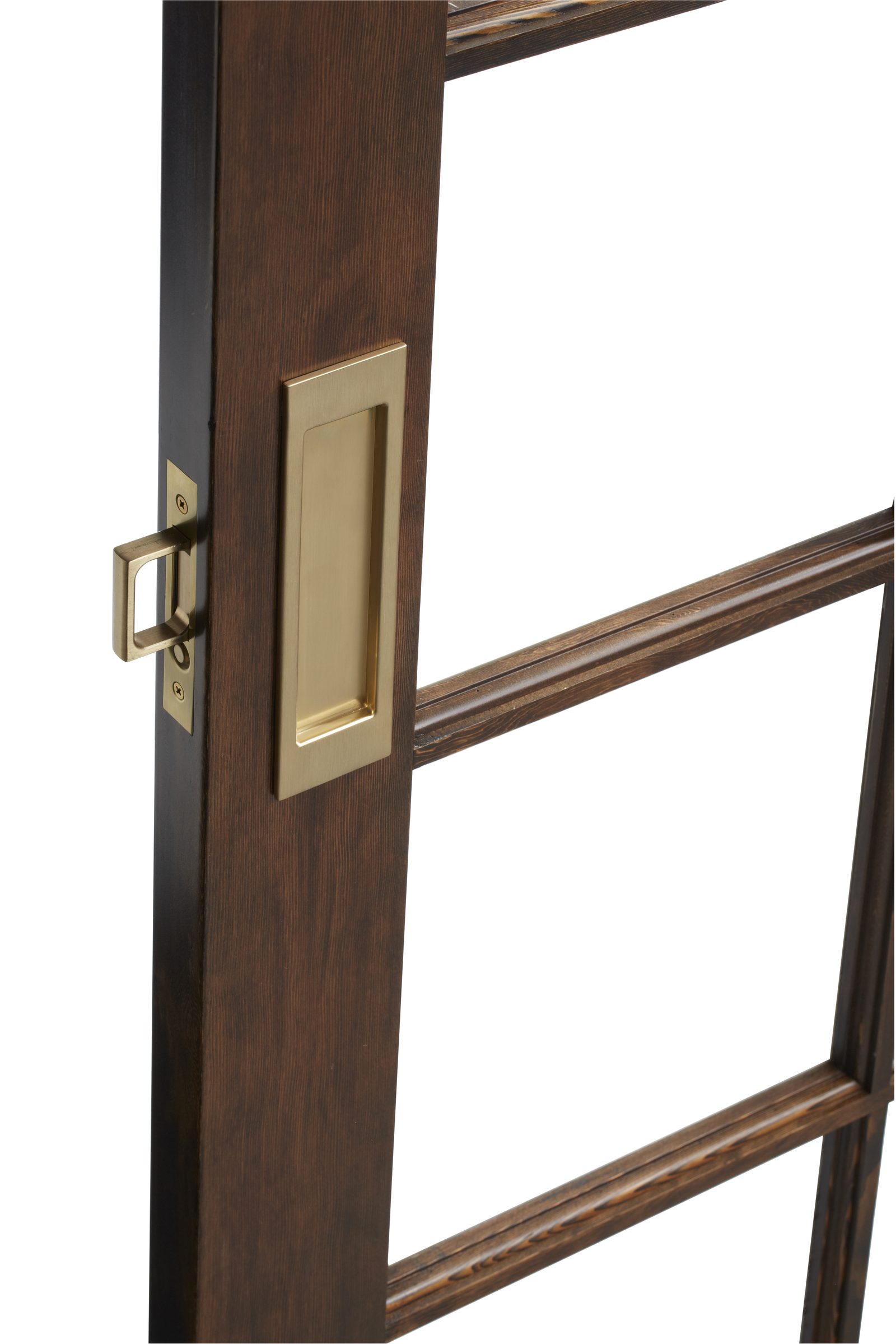 Baldwin brass pocket door pull installed on a wood door