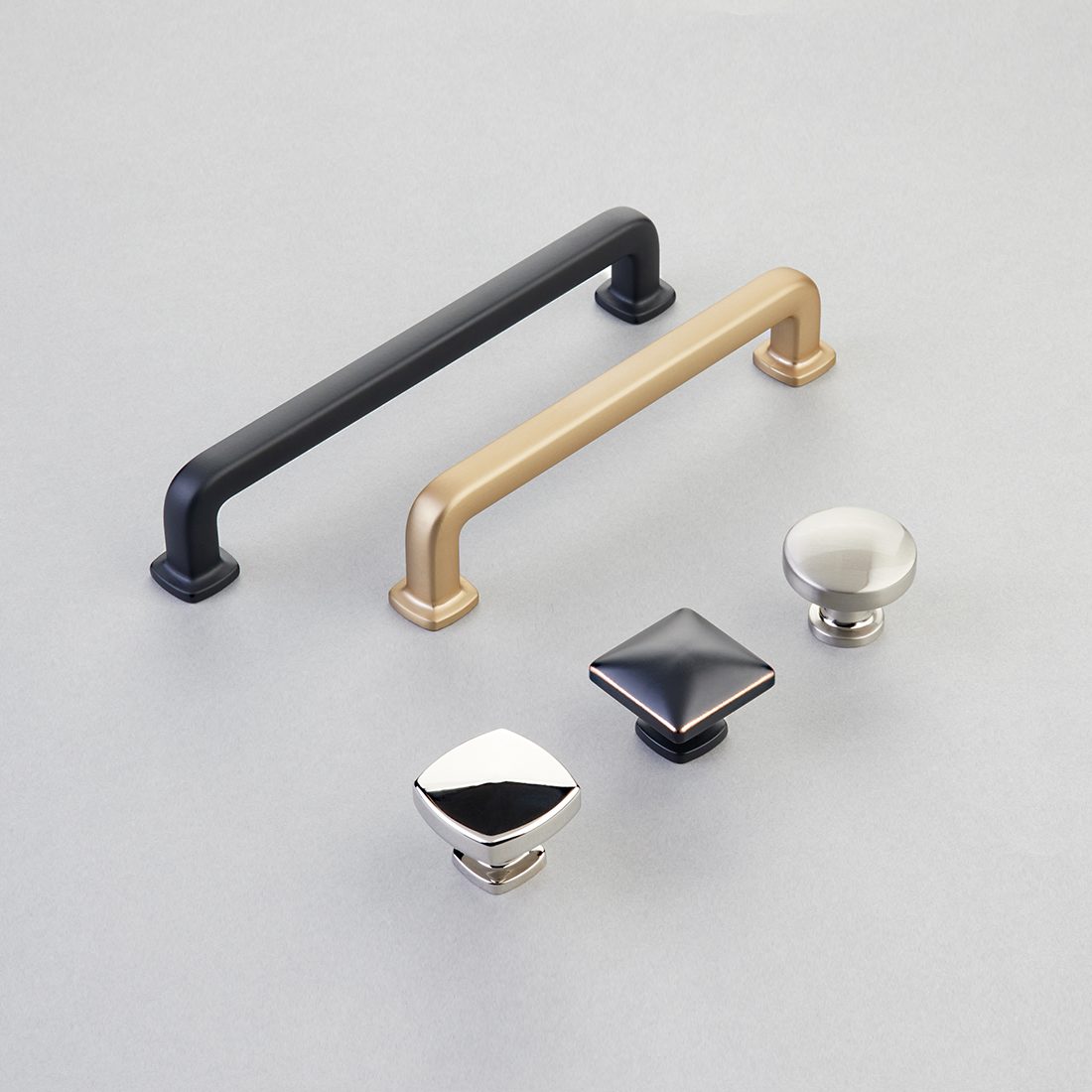 Emtek Timeless Classics appliance pulls and knobs in mixed finishes