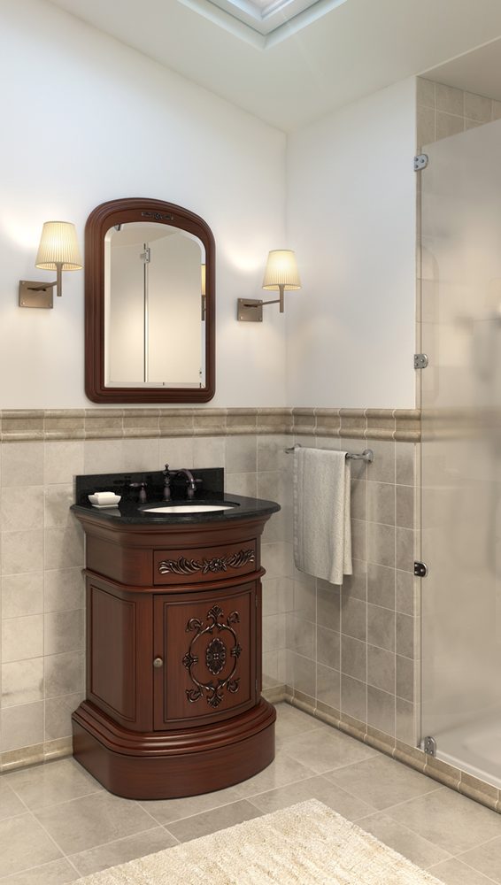 Hardware Resources white vanity in a bright bathroom