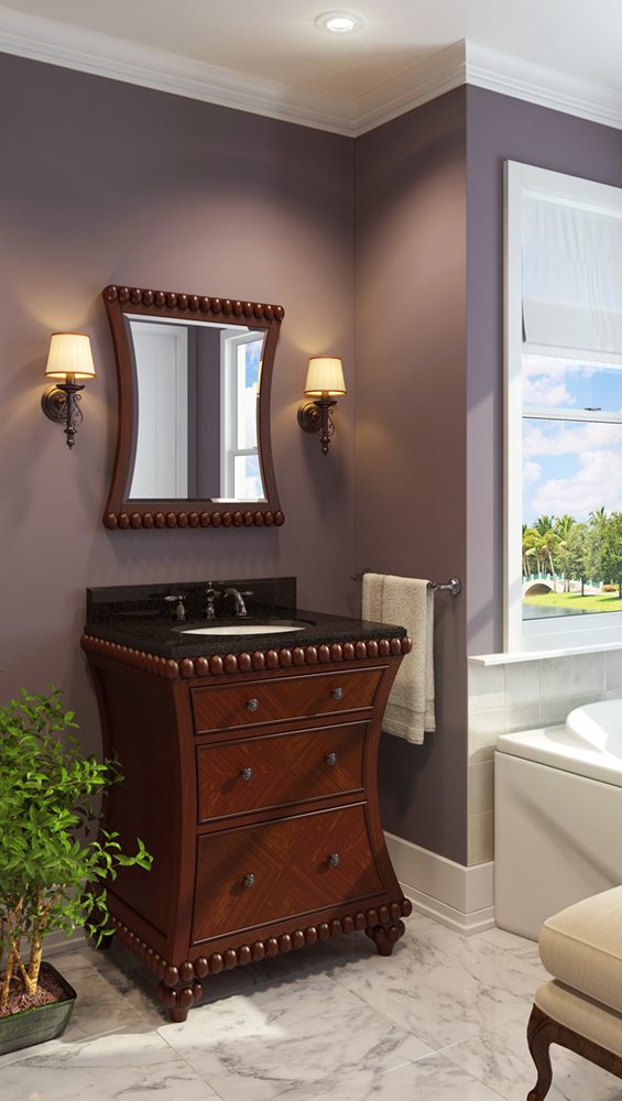 Hardware Resources vanity in a moody plum bathroom