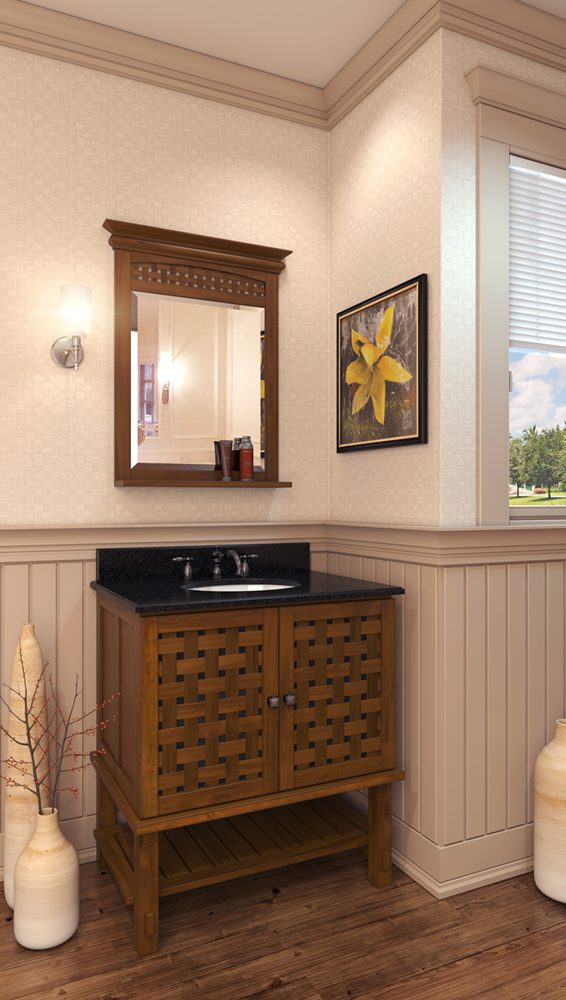Hardware Resources woven-front vanity in a warm bathroom