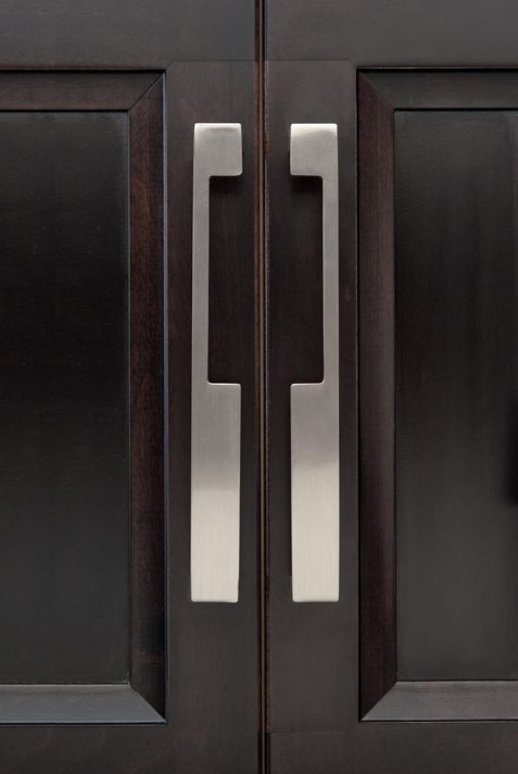 Top Knobs satin nickel pulls on espresso cabinetry